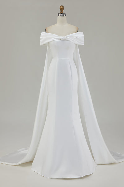 Ivory Bow Front Satin Mermaid Maxi Wedding Ceremony Dress with Cape