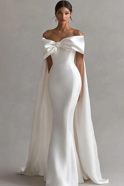 Ivory Satin Bow Front Mermaid Maxi Wedding Ceremony Dress with Cape