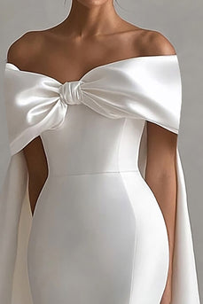 Ivory Satin Bow Front Mermaid Maxi Wedding Ceremony Dress with Cape