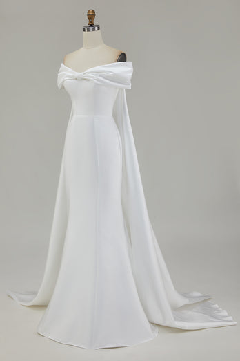 Ivory Bow Front Satin Mermaid Maxi Wedding Ceremony Dress with Cape