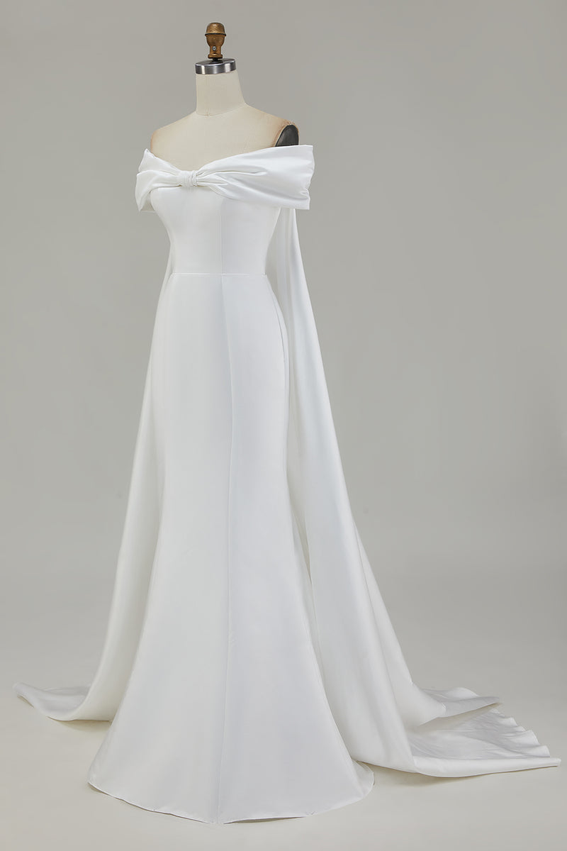 Load image into Gallery viewer, Ivory Bow Front Satin Mermaid Maxi Wedding Ceremony Dress with Cape