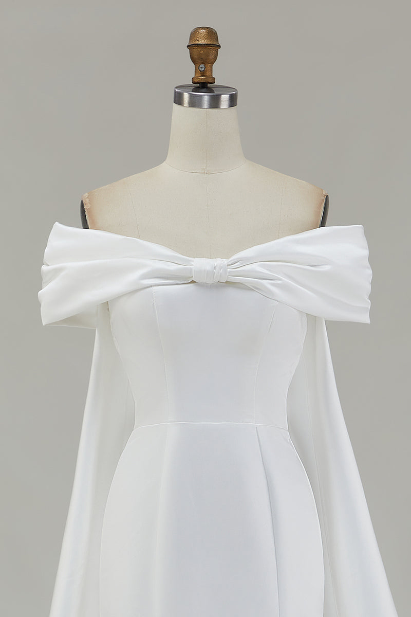 Load image into Gallery viewer, Ivory Bow Front Satin Mermaid Maxi Wedding Ceremony Dress with Cape