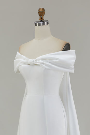 Ivory Bow Front Satin Mermaid Maxi Wedding Ceremony Dress with Cape