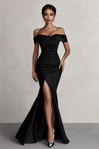 Black Mermaid Off the Shoulder Satin Long Evening Dress with Slit