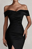 Load image into Gallery viewer, Black Mermaid Off the Shoulder Satin Long Evening Dress with Slit