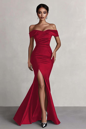 Black Mermaid Off the Shoulder Satin Long Evening Dress with Slit