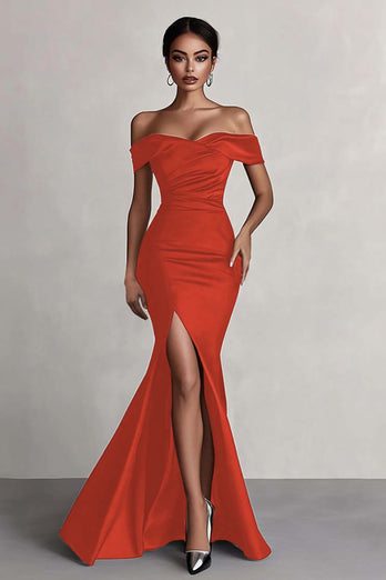 Black Mermaid Off the Shoulder Satin Long Evening Dress with Slit