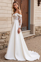 Load image into Gallery viewer, Ivory Satin Sweep Train Off the Shoulder Wedding Dress with Lace