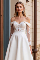 Load image into Gallery viewer, Ivory Satin Sweep Train Off the Shoulder Wedding Dress with Lace