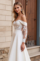 Load image into Gallery viewer, Ivory Satin Sweep Train Off the Shoulder Wedding Dress with Lace