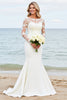Load image into Gallery viewer, Ivory Satin Illusion Boat Neck Mermaid Sweep Train Wedding Dress with Lace