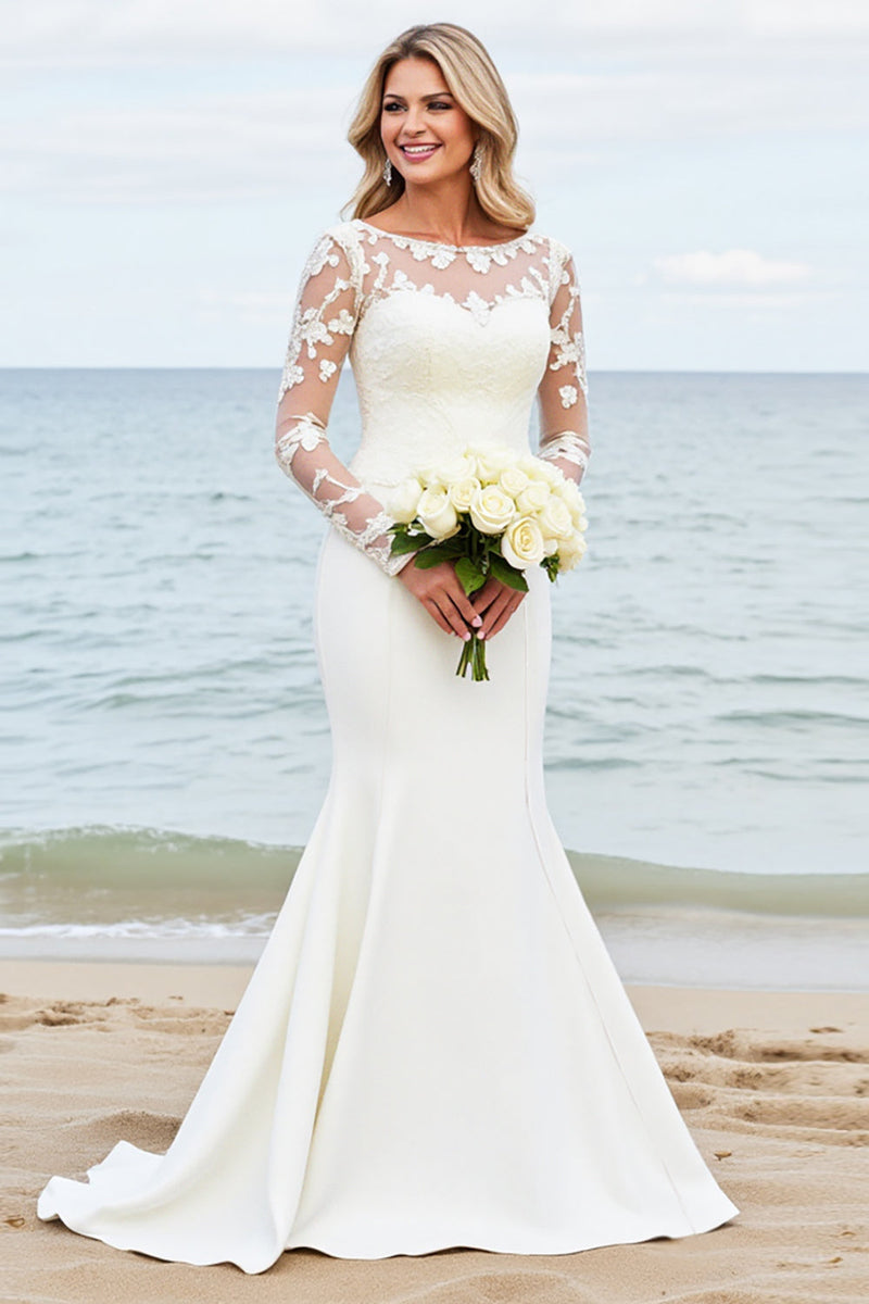 Load image into Gallery viewer, Ivory Satin Illusion Boat Neck Mermaid Sweep Train Wedding Dress with Lace
