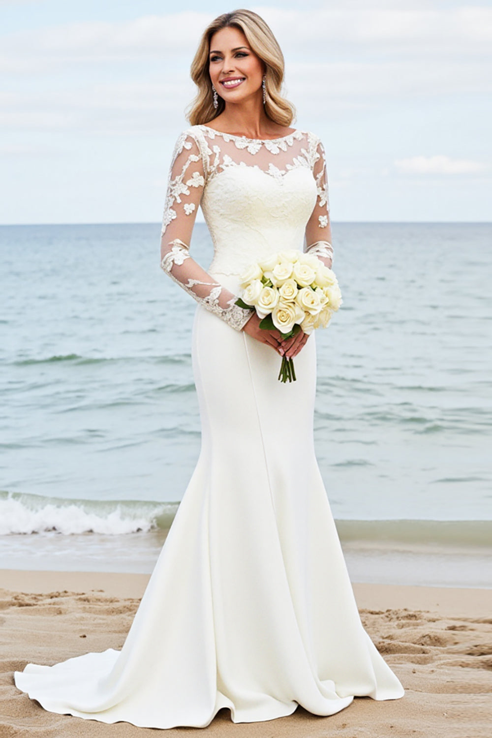 Ivory Satin Illusion Boat Neck Mermaid Sweep Train Wedding Dress with Lace