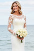 Load image into Gallery viewer, Ivory Satin Illusion Boat Neck Mermaid Sweep Train Wedding Dress with Lace