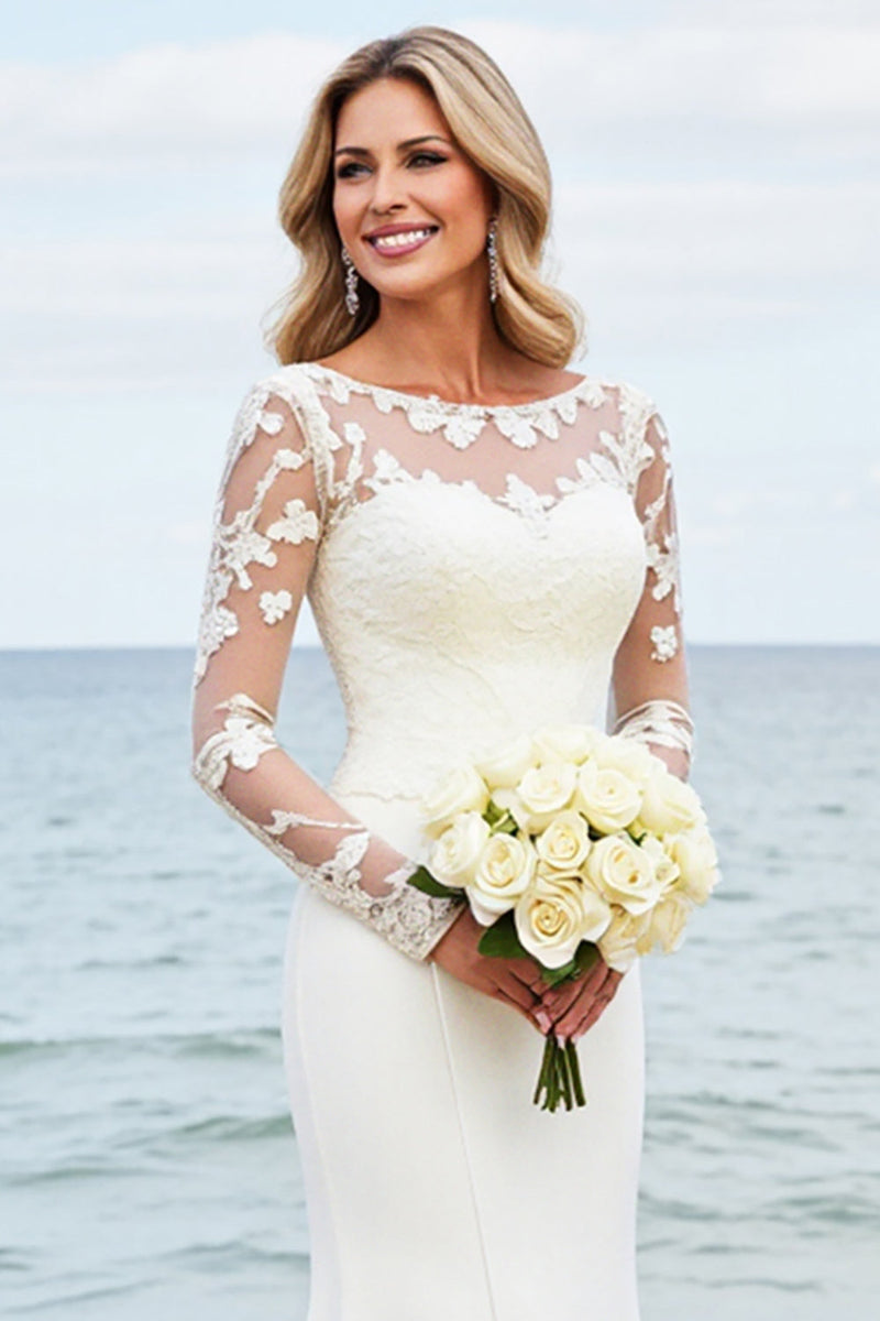 Load image into Gallery viewer, Ivory Satin Illusion Boat Neck Mermaid Sweep Train Wedding Dress with Lace