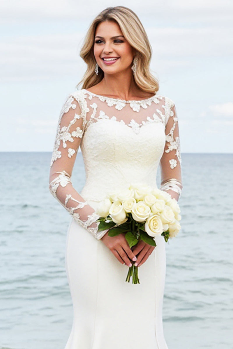 Load image into Gallery viewer, Ivory Satin Illusion Boat Neck Mermaid Sweep Train Wedding Dress with Lace