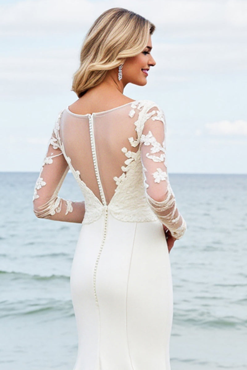 Load image into Gallery viewer, Ivory Satin Illusion Boat Neck Mermaid Sweep Train Wedding Dress with Lace