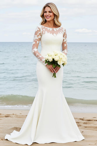 Ivory Satin Illusion Boat Neck Mermaid Sweep Train Wedding Dress with Lace