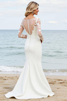 Load image into Gallery viewer, Ivory Satin Illusion Boat Neck Mermaid Sweep Train Wedding Dress with Lace