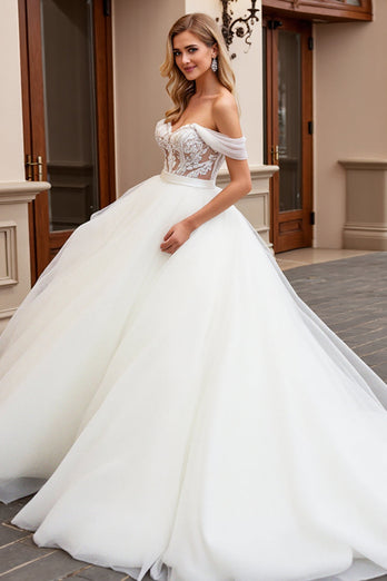 Ivory Off the Shoulder Sweep Train Wedding Dress with Lace