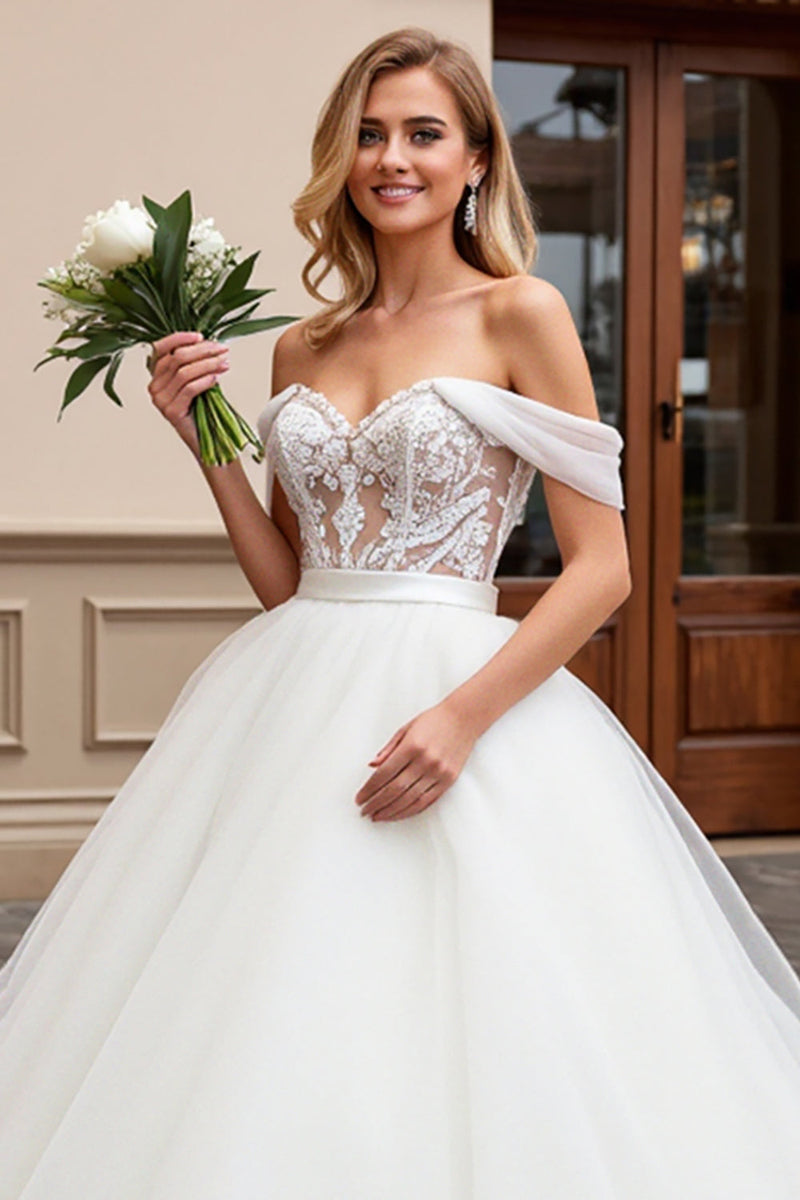 Load image into Gallery viewer, Ivory Off the Shoulder Sweep Train Wedding Dress with Lace