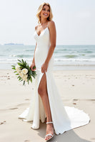 Load image into Gallery viewer, Ivory Satin V Neck Sweep Train Boho Wedding Dress