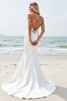 Load image into Gallery viewer, Ivory Satin V Neck Sweep Train Boho Wedding Dress
