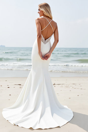 Ivory Satin V Neck Sweep Train Boho Wedding Dress