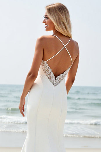Ivory Satin V Neck Sweep Train Boho Wedding Dress