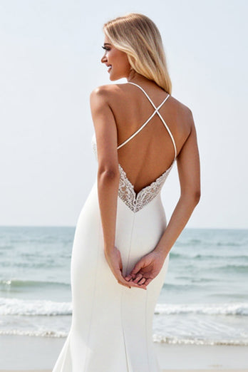 Ivory Satin V Neck Sweep Train Boho Wedding Dress