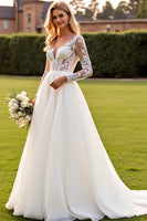 Load image into Gallery viewer, Ivory V Neck Sweep Train Wedding Dress with Lace