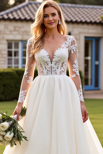 Ivory V Neck Sweep Train Wedding Dress with Lace
