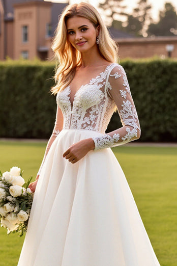 Ivory V Neck Sweep Train Wedding Dress with Lace