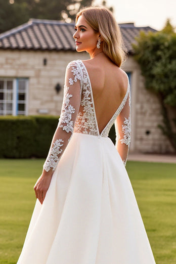 Ivory V Neck Sweep Train Wedding Dress with Lace
