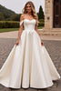 Load image into Gallery viewer, Ivory Satin A Line Sweep Train Off the Shoulder Wedding Dress with Lace