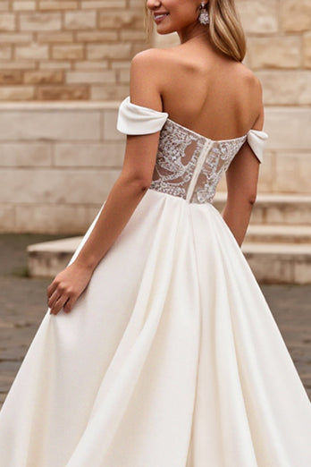 Ivory Satin A Line Sweep Train Off the Shoulder Wedding Dress with Lace