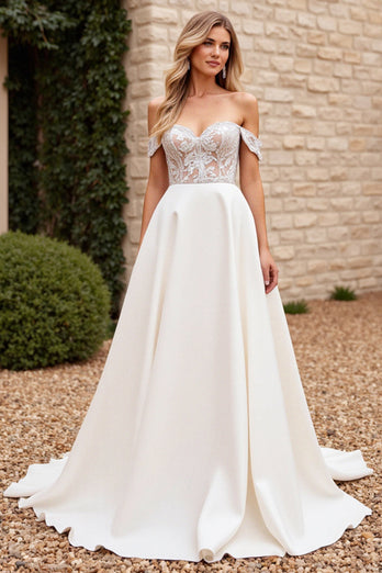 Ivory Satin Off the Shoulder Sweep Train Wedding Dress with Lace