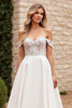 Load image into Gallery viewer, Ivory Satin Off the Shoulder Sweep Train Wedding Dress with Lace