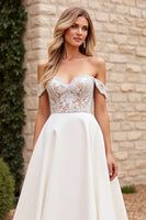 Load image into Gallery viewer, Ivory Satin Off the Shoulder Sweep Train Wedding Dress with Lace