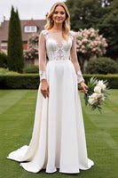 Load image into Gallery viewer, Ivory Satin Illusion A Line Sweep Train Wedding Dress with Lace
