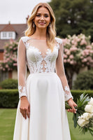 Load image into Gallery viewer, Ivory Satin Illusion A Line Sweep Train Wedding Dress with Lace