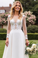 Load image into Gallery viewer, Ivory Satin Illusion A Line Sweep Train Wedding Dress with Lace
