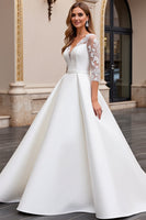 Load image into Gallery viewer, Ivory Satin A Line Sweetheart Sweep Train Wedding Dress with Lace