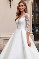 Load image into Gallery viewer, Ivory Satin A Line Sweetheart Sweep Train Wedding Dress with Lace