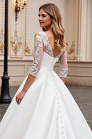 Load image into Gallery viewer, Ivory Satin A Line Sweetheart Sweep Train Wedding Dress with Lace
