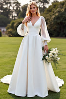 Load image into Gallery viewer, Ivory V Neck Satin A Line Sweep Train Wedding Dress with Lace