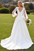 Load image into Gallery viewer, Ivory V Neck Satin A Line Sweep Train Wedding Dress with Lace