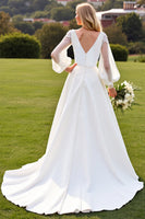 Load image into Gallery viewer, Ivory V Neck Satin A Line Sweep Train Wedding Dress with Lace