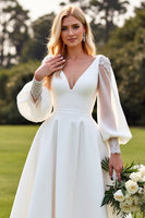 Load image into Gallery viewer, Ivory V Neck Satin A Line Sweep Train Wedding Dress with Lace