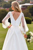 Load image into Gallery viewer, Ivory V Neck Satin A Line Sweep Train Wedding Dress with Lace